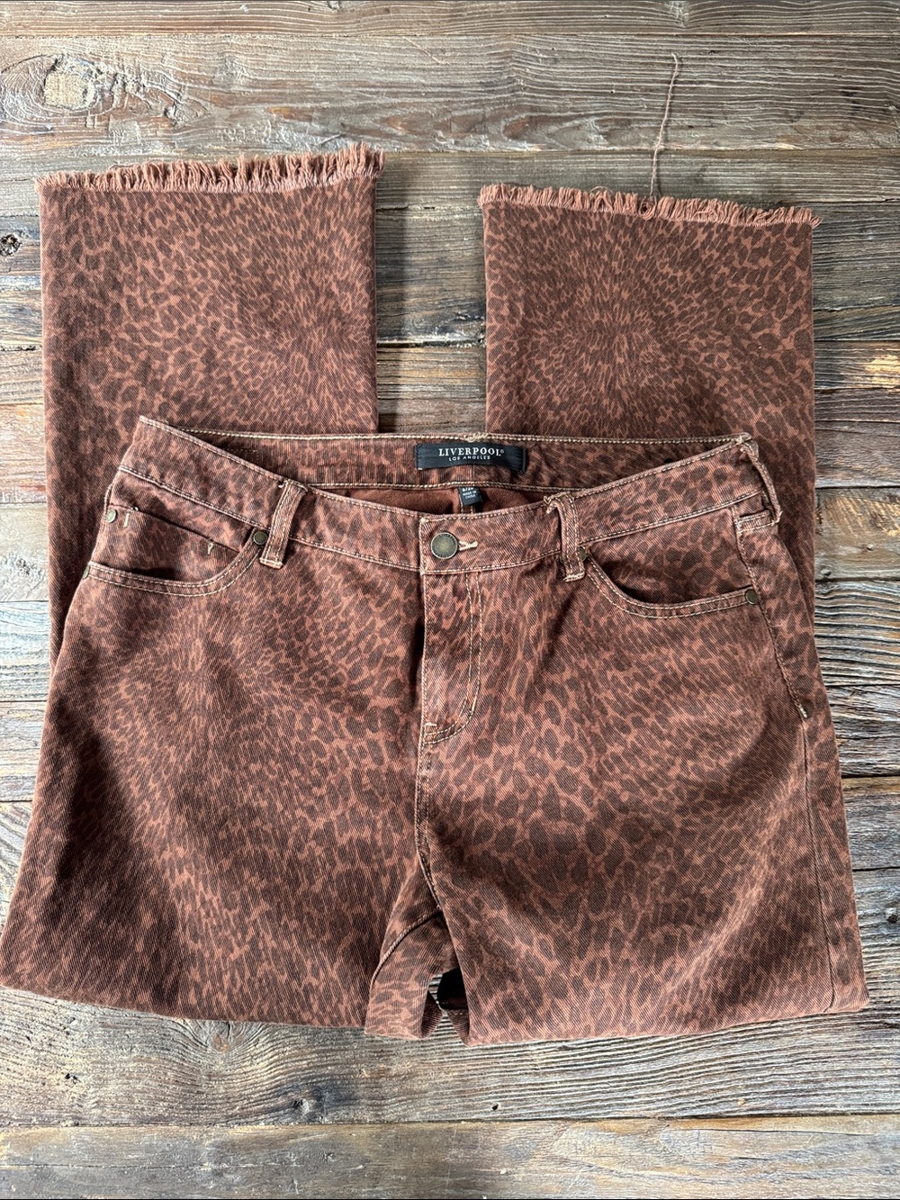 Liverpool Hanna cropped flare raw hem leopard animal print brown jeans 28 - Picture 5 of 10